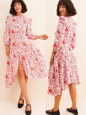 Naya Rea Anni Tie Front Floral Midi Dress Ivory Red Cotton US 6